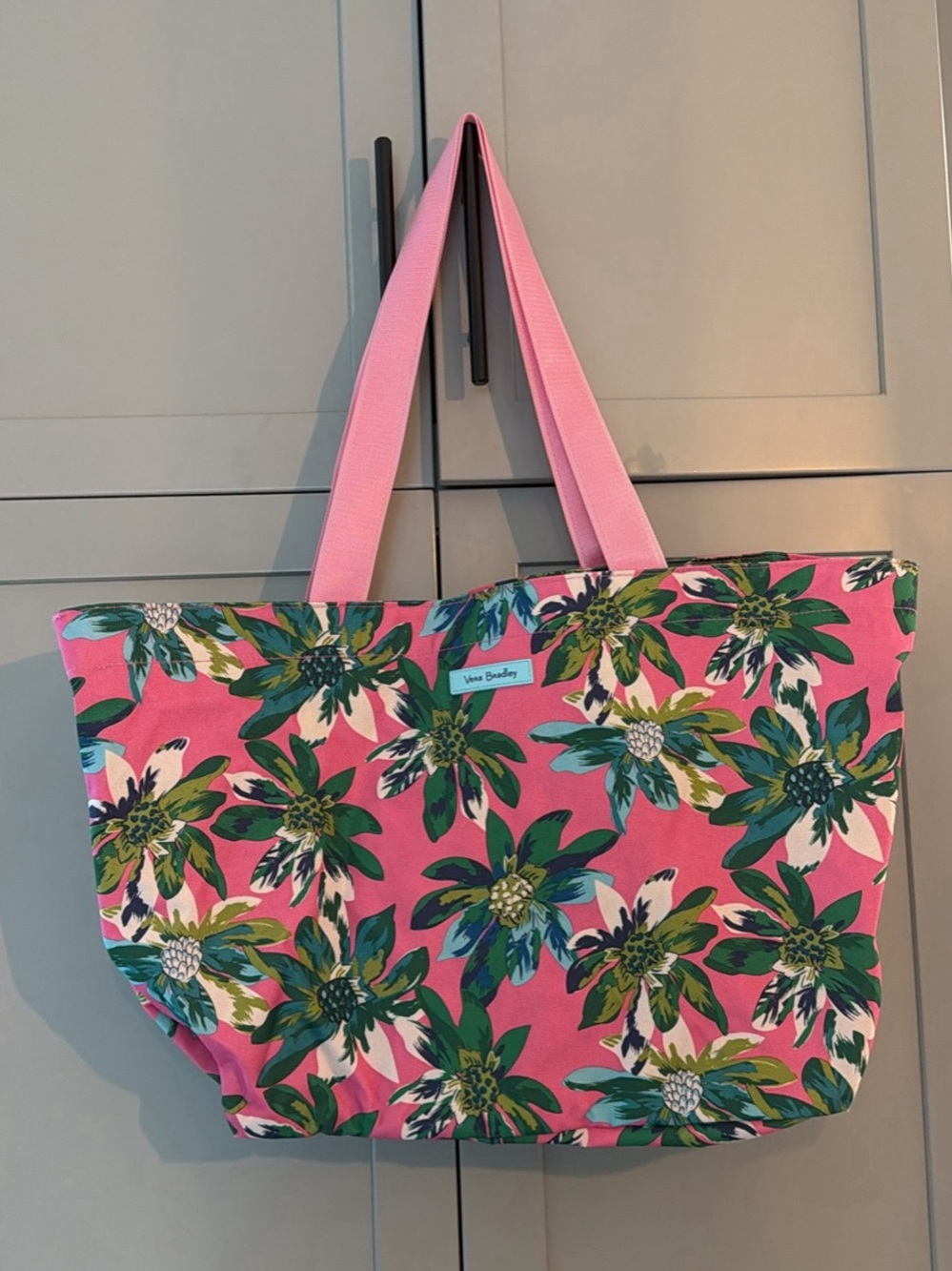 Vera Bradley Pink Floral Canvas Tote with Green Leaf Pattern